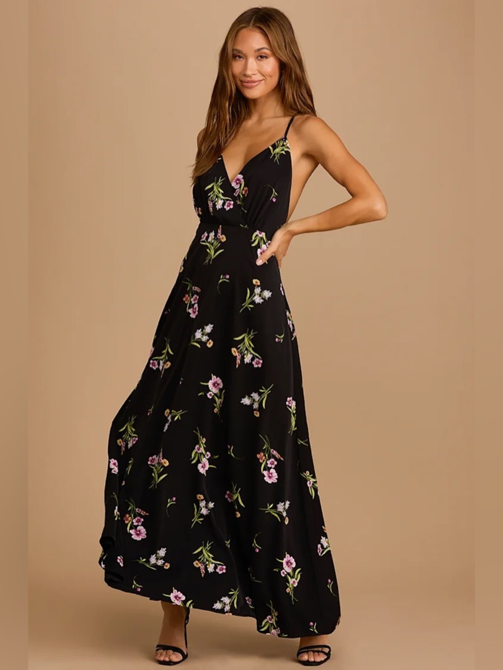 Lulus Flow of Love Black Floral Print Strappy Maxi Dress SOLD OUT ONLINE Large